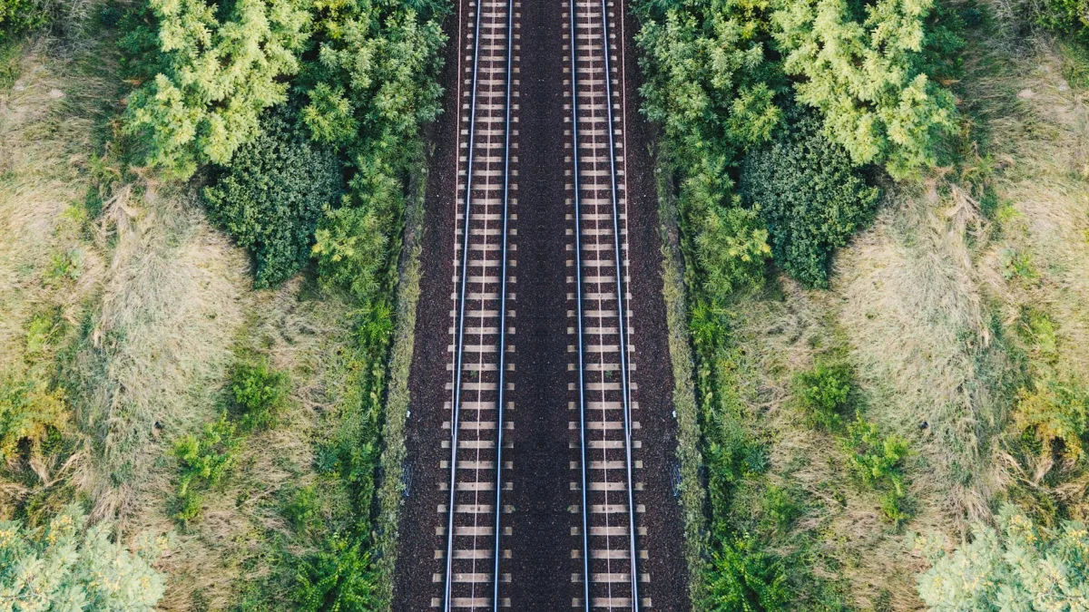 Vista aérea de trilhos de trem atravessando uma área de vegetação