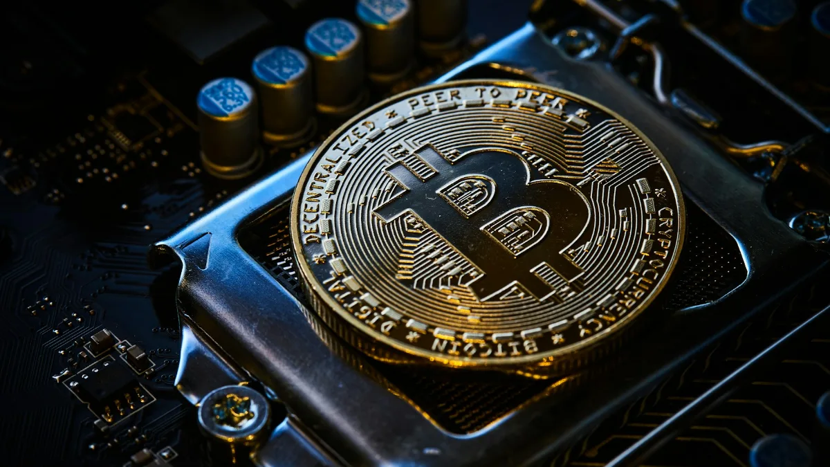 Moeda de bitcoin sobre placa de circuito de computador