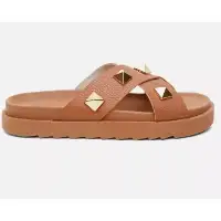 Sandália Birken Feminina em Couro Vittal Marina Caramelo Tiras Cruzadas com Sparkle