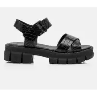 Sandália Feminina Couro Vittal Norah Croco Preta Palmilha Ultra Conforto